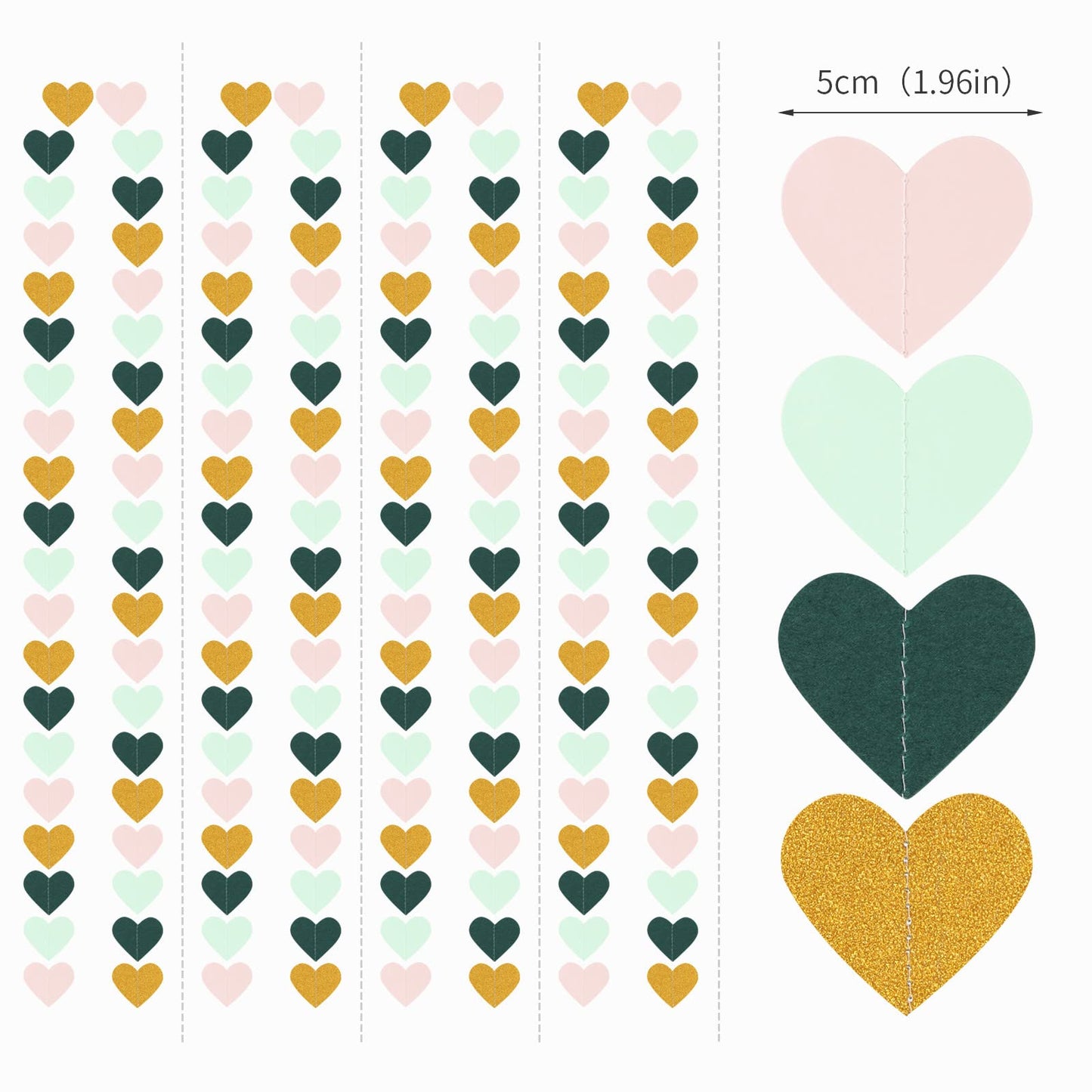 Sage-Green Mint Pink-Gold Love-Heart Garland - 52Ft Rustic Wedding Hanging Decoration Streamers Banner,Valentines Mothers Day Bachelorette Bridal Shower Engagement Party Bunting Lasting Surprise