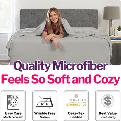 Extra Deep Pocket King Bed-Sheets – 4-Piece Includes: 18”-21” Inch Super Extra Deep Pocket Fitted Sheet – Real Oversize Flat Sheet – 2 Zipper Closure Pillowcases – King Size – Silver Light Gray