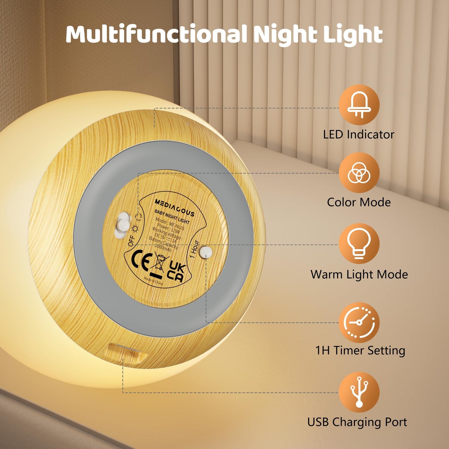MediAcous Night Light for Kids, Baby Egg Light for Nursery, 7 Colors Changing & Stepless Dimming, Soft Silicone Touch Night Lamp with 1 Hour Timer, Rechargeable Nursery Night for Breastfeeding