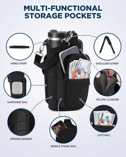 IPOW Magnetic Gym Bag Water Bottle Carrier Holder with Phone Pockets & Shoulder Strap for Men Women,Water Bottle Holder, Gym Pouch, Crossbody Bag for Travel, Sports, Work, Fitness - Black