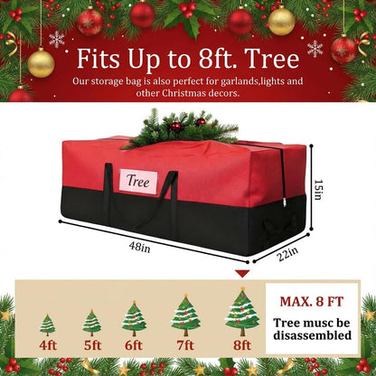 Christmas Tree Storage Bag - Fits Up to 8 Ft Tall Artificial Trees, Heavy Duty Holiday Storage Box With Reinforced Handles, Zipper & Transparent Pocket - 600D Oxford Container, Red