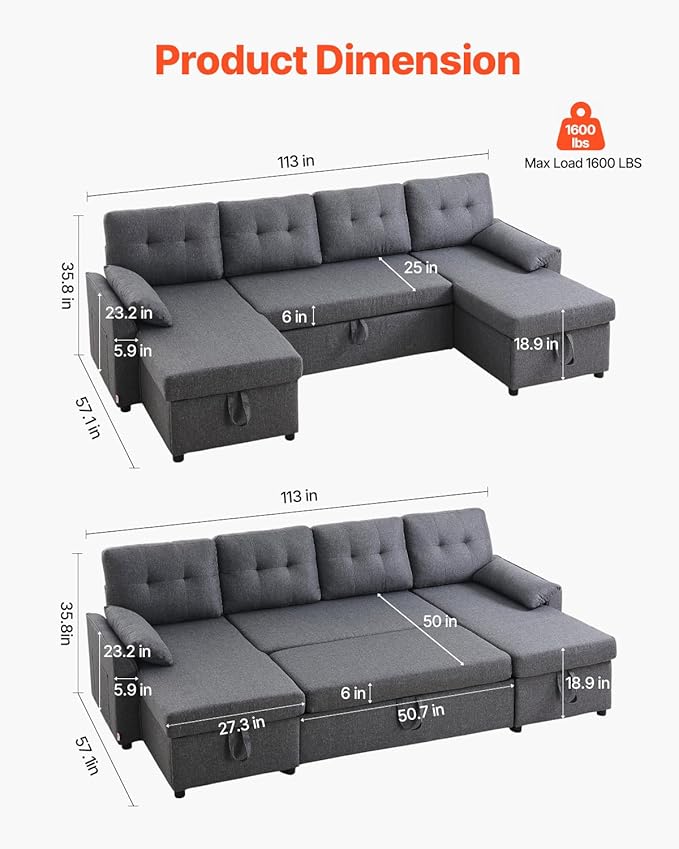 VEVOR U Shaped Sofa Bed, Convertible Sofa Bed