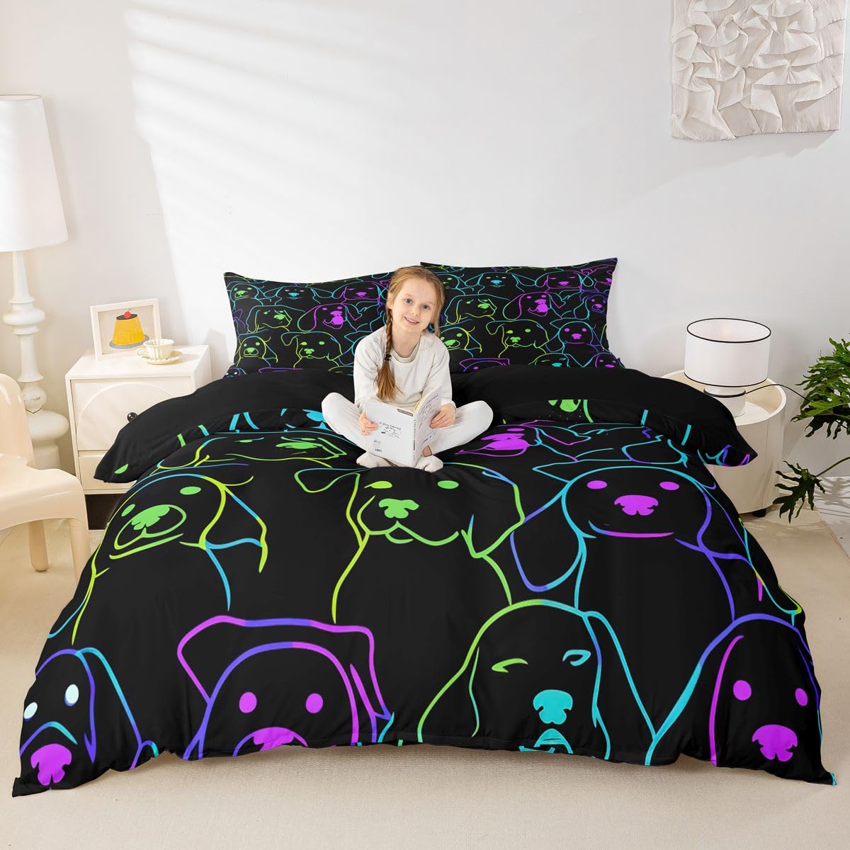 Erosebridal Dog Themed Bedding Full Cute Simple Strokes Animal Comforter Cover for Kids Boys Girls Soft 3 Pcs Duvet Cover, Rainbow Bright Colorful Pet Kawaii Puppy Pattern Bedspread