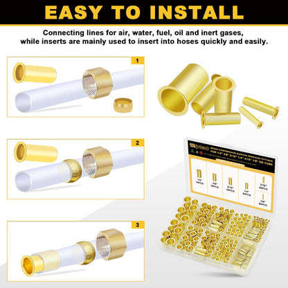 Siptenk 236PCS Brass Compression Tube Inserts for OD 1/2" 3/8" 5/16" 1/4" 3/16" 1/8", 6 Sizes Tubing Insert Brass Ferrule Fitting Assortment Kit