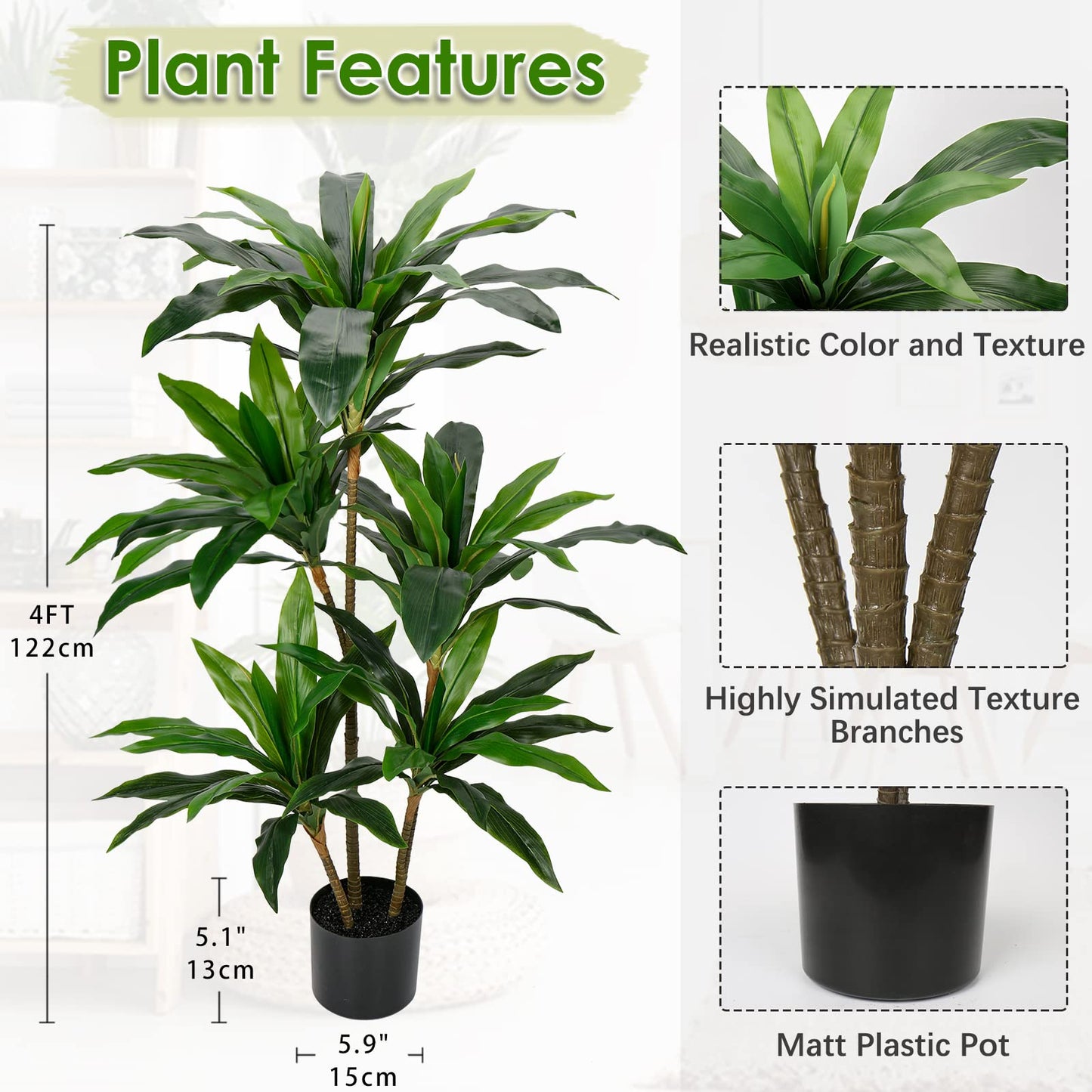 Artificial Dracaena Tree 4ft Tall Faux Dracaena Plants Fake Silk Fragrans Tree with Pot for Living Room Floor Indoor Outdoor Office Home Decor Gift for Housewarming