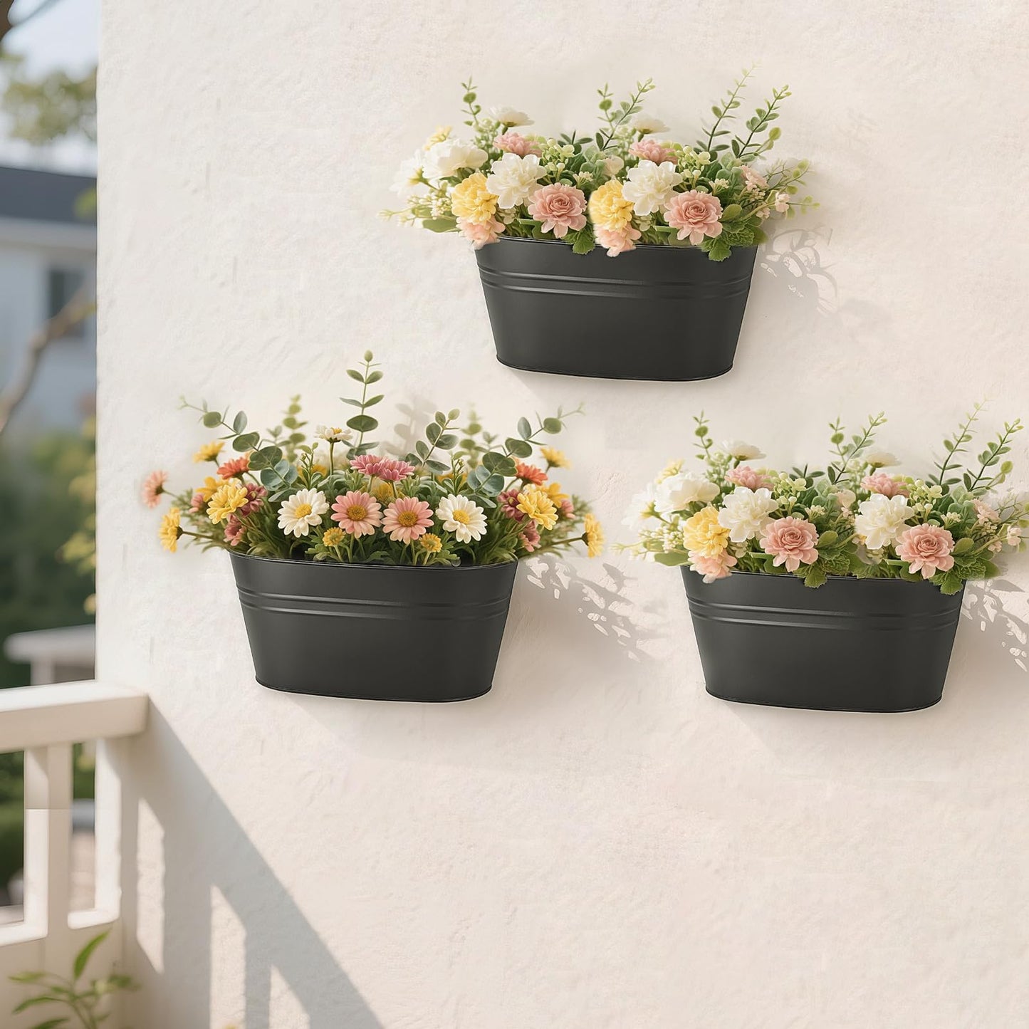 Dahey 3 Pcs Metal Hanging Flower Pots for Railing Fence 10.6 Inch Wall Planters for Indoor Plants Outdoor Countryside Window Flower Holder with Hooks Drainage Holes for Garden Yard Home Decor, Black