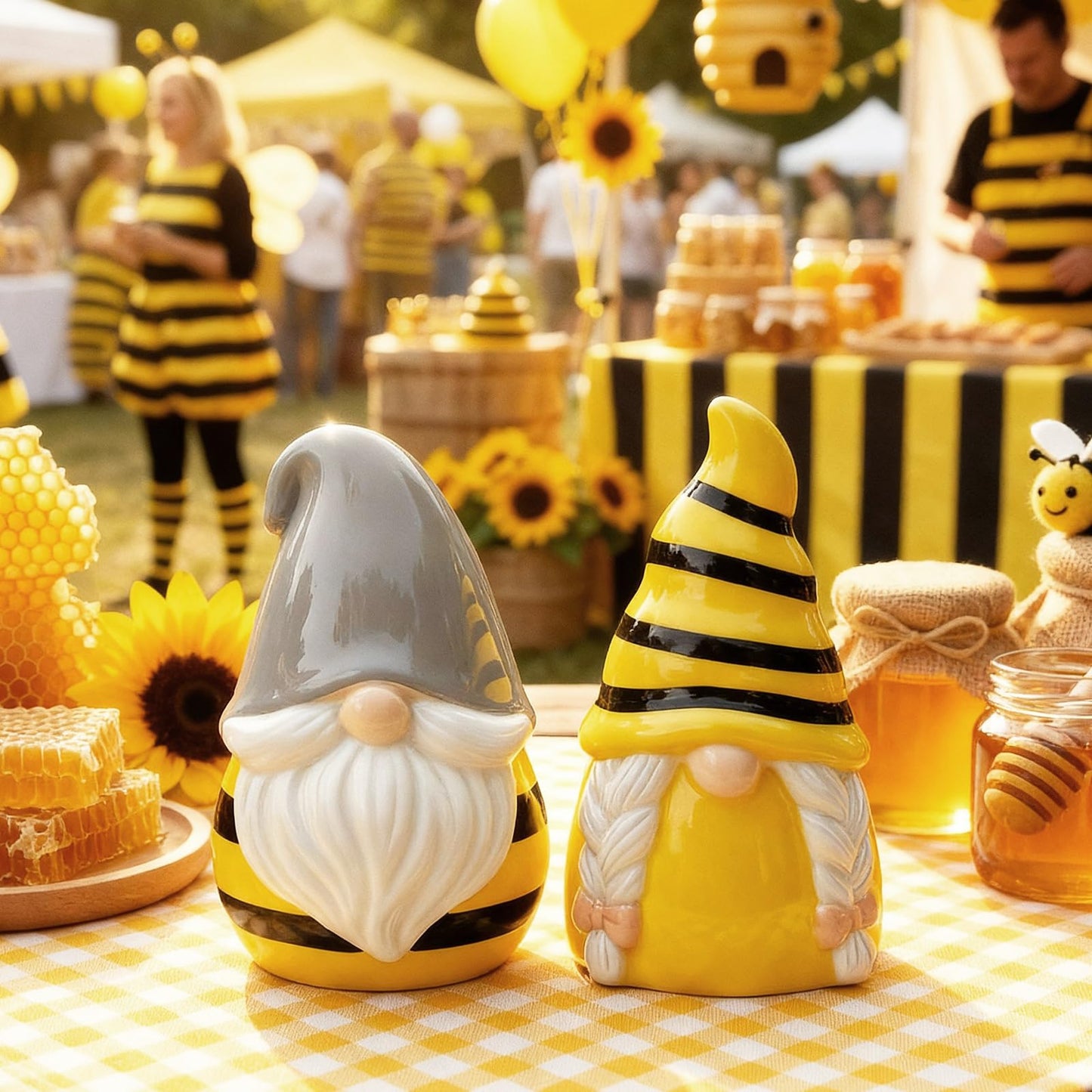 Vesici Honey Bee Salt and Pepper Shakers Set of 2 Bee Gnome Salt and Pepper Shakers 3.3 Inch Spring Gnome Ceramic Tabletop Figurines for National Honeybee Day Gifts Kitchen Counter Accessories