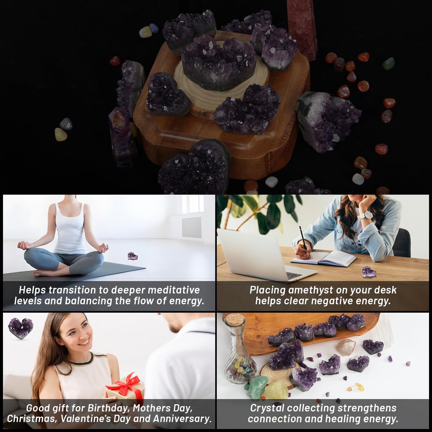 90-110g 1PC Amethyst Heart Cluster, Natural Crystals and Healing Stones- Amethyst Crystal for Decoration, Wicca & Reiki High Energy Healing Crystals, Heart Gifts, Gemstone Valentine’s Gift