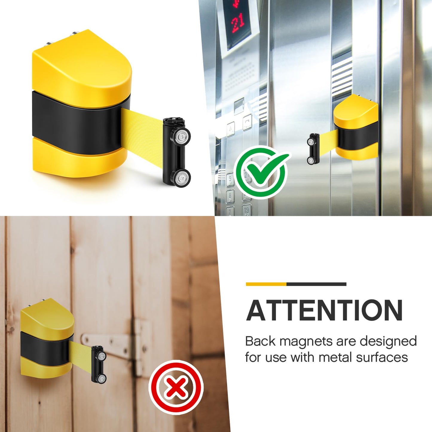 Barydat 4 Pcs 16.4 ft Magnetic Retractable Wall Mount Barrier, Crowd Control Safety Belt with ABS Case for Grocery Retail Store Stadium (Caution Do Not Enter,Yellow)