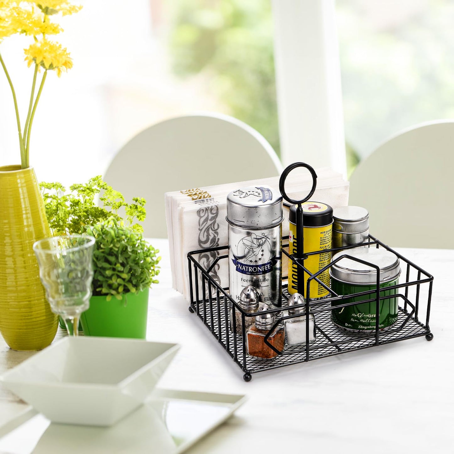 ZOOFOX Metal Napkin Holder with Salt and Pepper Shakers, 2-in-1 Condiment Holder for Table, 4 Compartment Restaurant Wrought Iron Condiment Rack for Party, Camping, Picnic
