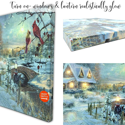 BANBERRY DESIGNS LED Christmas Wall Art - Lighted Cottage Along a Stream Christmas Scene with Cardinals and Snowman - LED Canvas Prints - Old Fashioned Cobblestone Bridge - Measures 11.75" x15.75"