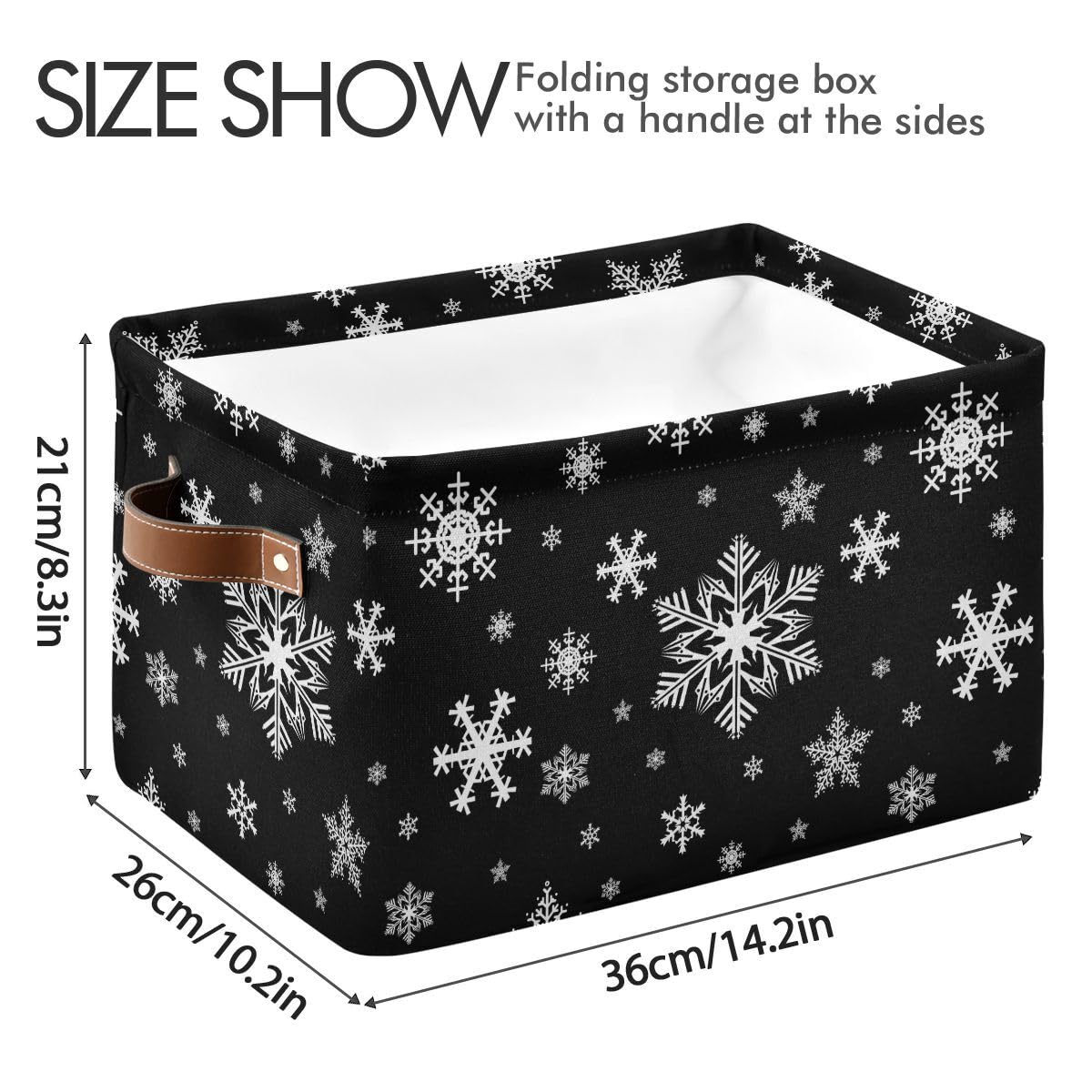 Winter Snowflake Black Storage Basket Fabric Kitchen Baskets Christmas Holiday Open Home Storage Bins Boxes Foldable Organizer Bag for Baby Cloth Xmas Baskets 16×12×8 Inches