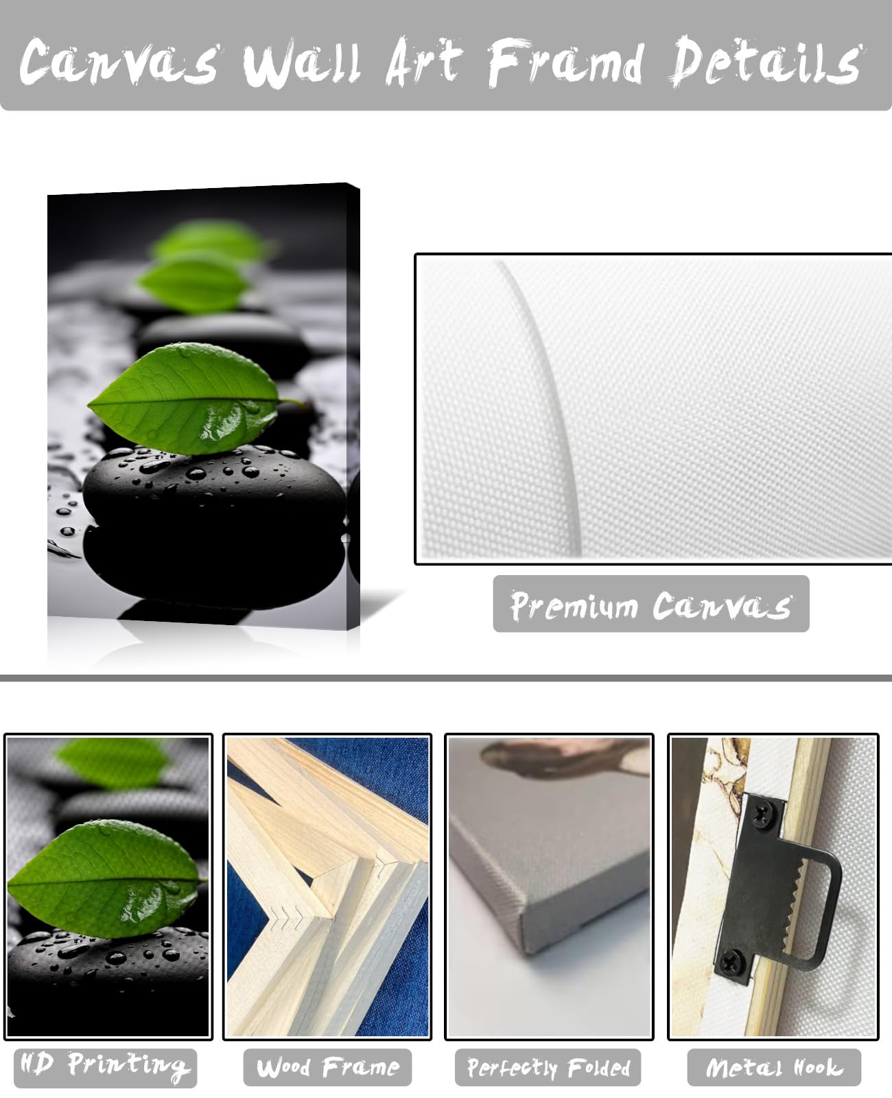 LYUNSHUO Zen Wall Art,Black SPA Stones Canavs Print Green Leaf Picture Spiritual Room Wall Decor Meditation Still Life Painting Framed Artwork for Bathroom Office Home Decor(Art-2,12.00"x18.00")