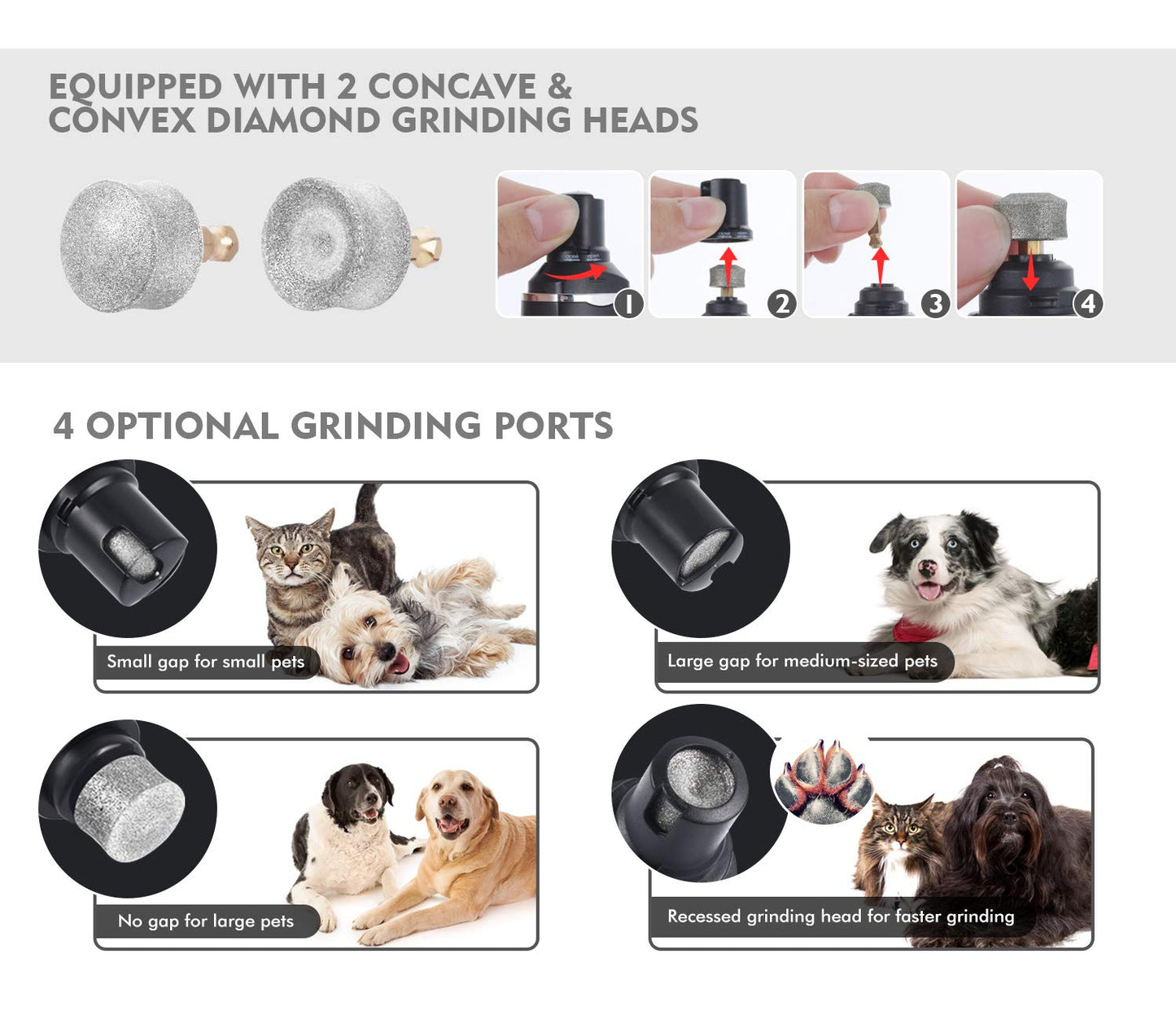 pecute Dog Nail Grinders with LED Light, 50 DB Low Noise Electric Pet Nail File Grinder, 2 Speeds Safe Smooth Grinding, 2 Hours Quick Charge, Strong Motor Great for Small to Large Pets(Black)
