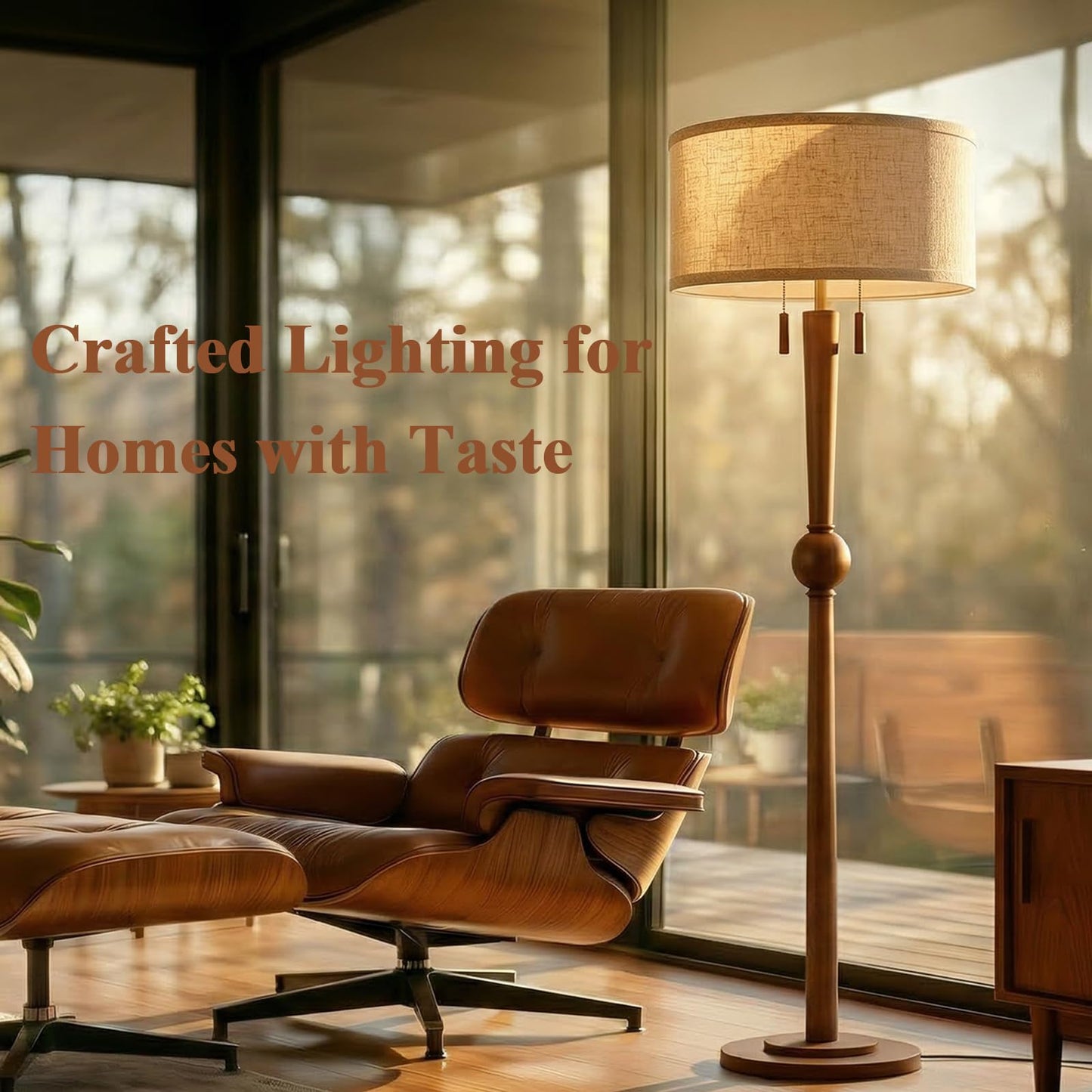 MOFFE 62.8" Solid Wood Floor Lamp,Tall Standing Floor Lamp with 2-Light Pull Chain, 17" Linen Drum Shade, Sculptural Wood Base & Stem,Transitional Floor Lamp for Living Room Bedroom, Includes 2 Bulbs