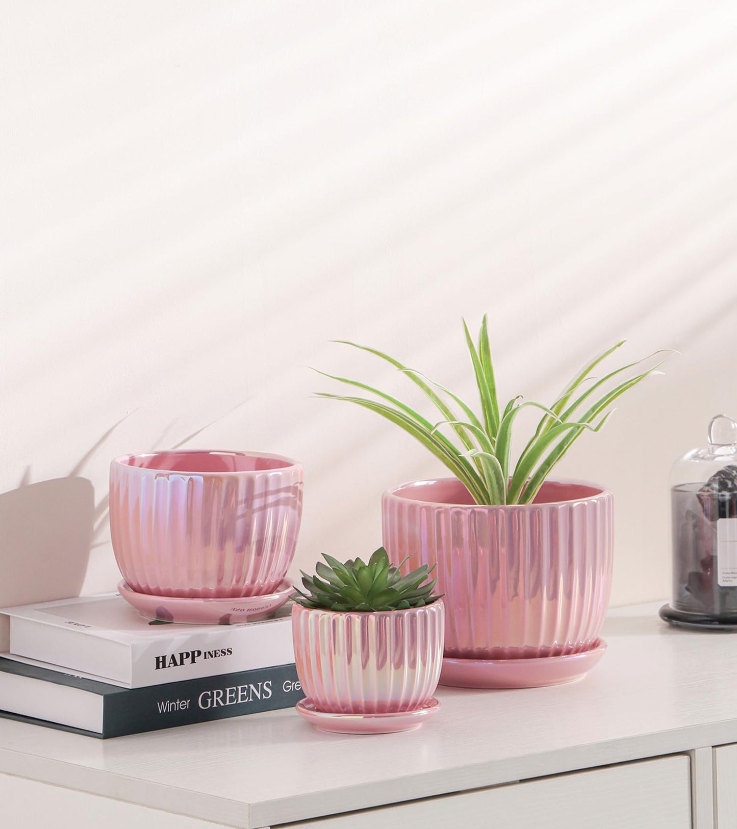 Ton Sin Pink Gold Ceramic Flower Pots, 4"+5"+6" Inch Small Glazed Succulent Planters with Drainage Hole,Modern Indoor Decorative Plant Pots Set of 3,Garden Pots with Saucer