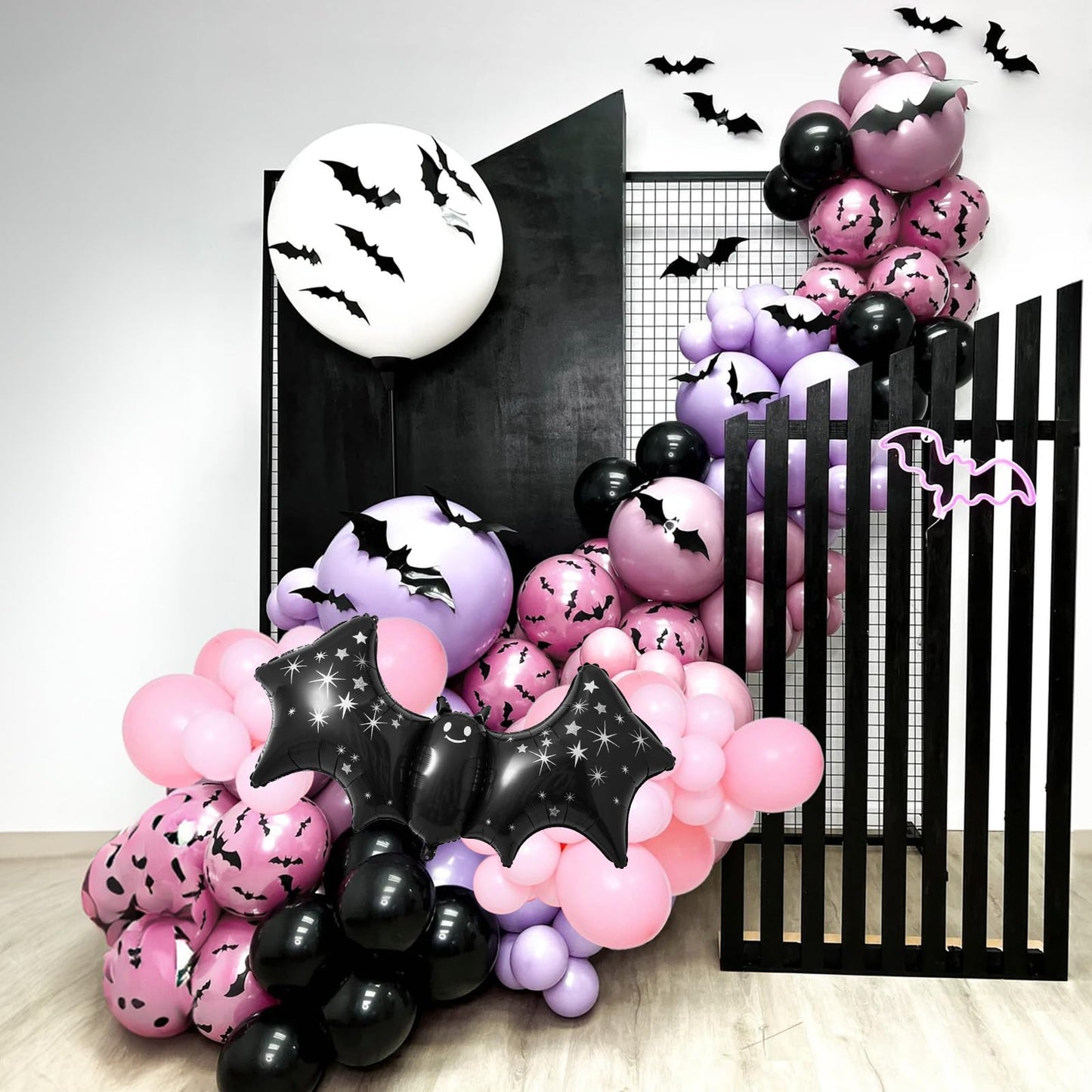 Halloween Balloon Arch Kit 102Pcs Hot Pink Purple Black Balloon Garland with Halloween Bat Foil Rose Red Balloons for Trick or Treat Day of the Dead Spooky Boo Ghost Haunted House Party Decorations