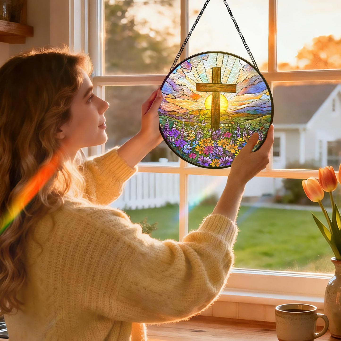 Stained Glass Window Hanging Decor,Cross Wildflowers Sun Catcher,Cross Suncatcher for Window, Stained Glass Hanging Ornament for Christian Easter,Religious Gift for Women Men 8 inch(Cross01)