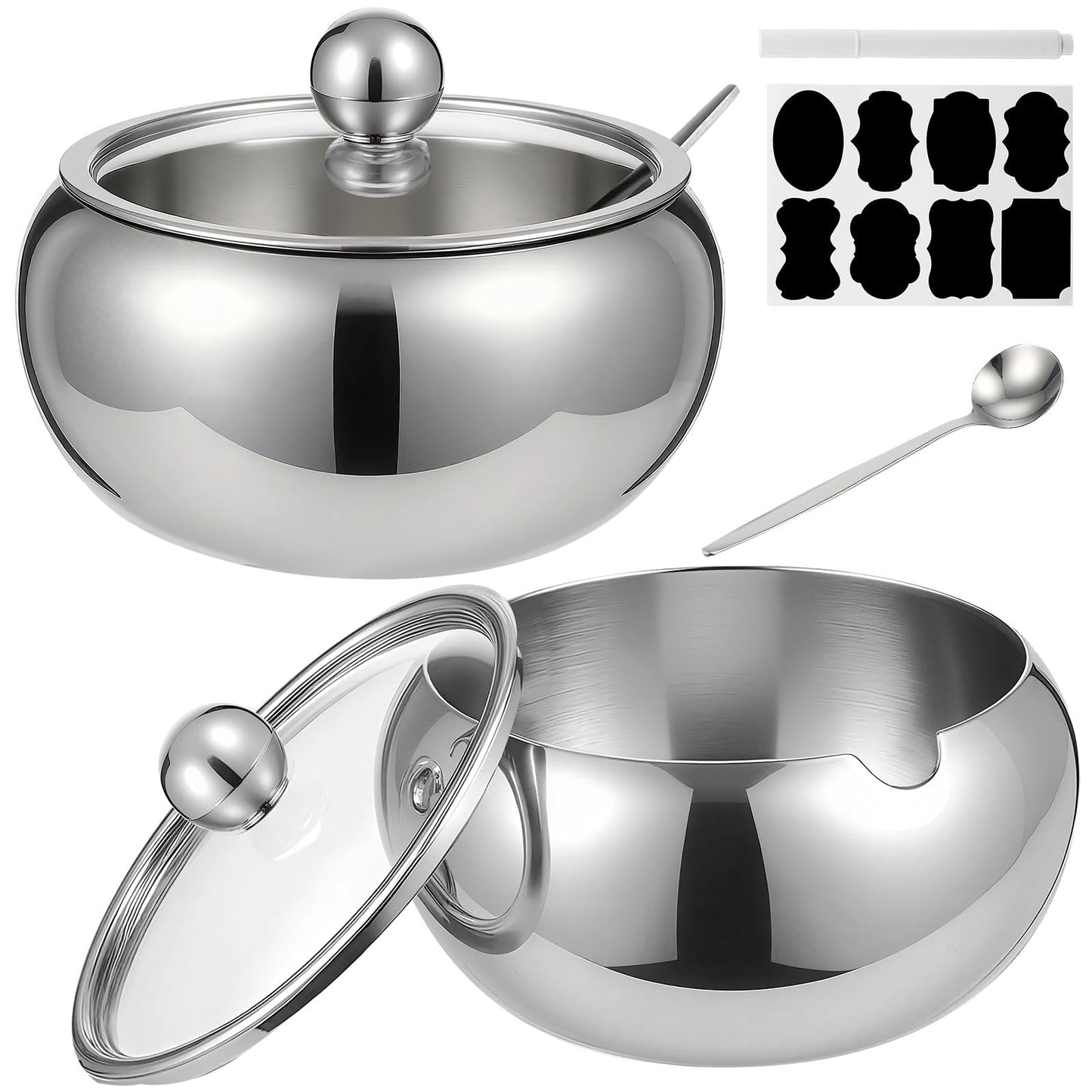 LemonRoad 2 Set 12oz Sugar Bowl with Lid and Spoon Stainless Steel Spice Container with Labels and Pen Kitchen Sugar Holder Jar Countertop Storage Accessories for Salt Coffee Tea Candy Cube