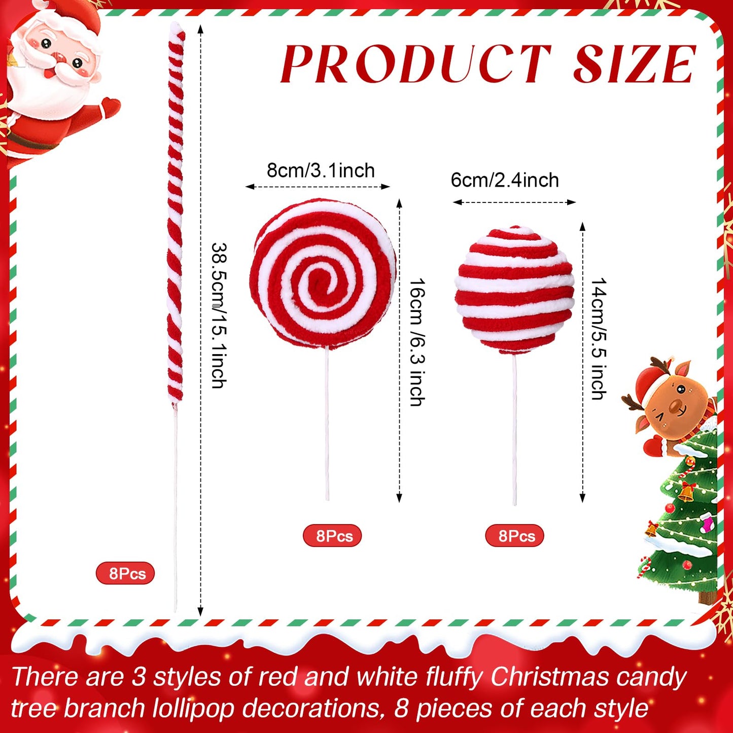 Yerliker 24 Pcs Candy Cane Christmas Tree Decorations, Fluff Christmas Ornaments Peppermint Lollipop Balls Curly Picks for Home Wreath Table Vase Mantel Decor(Red, White,Large)