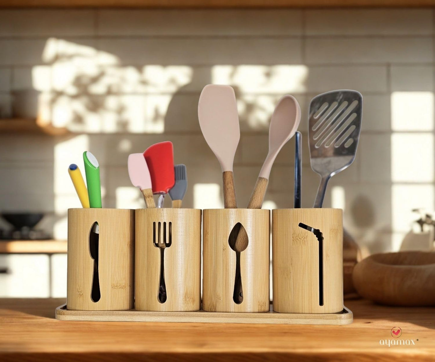 AYAMAX Bamboo Cutlery Holder Set - 4 kitchen Utensils Holder with Bamboo Tray | Decorative kitchen countertop Cutlery Stand | Utensil holder - knife, fork Spoon and Straw holders