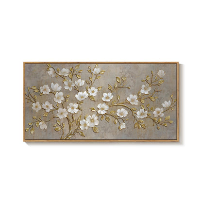 Large Framed Neutral Botanical Wall Art for Living Room, Rustic Elegant Magnolia Floral Canvas Prints Paintings, White Flower with Gold Branches Pictures for Dining Room Office Wall Decor, 60x30 Inch