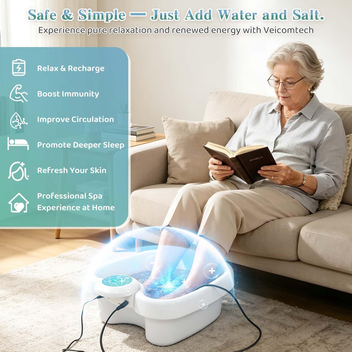 veicomtech Ionic Foot Bath Detox Machine, Detox Foot Bath with Sea Salt and Citric Acid Descaler, Ionic Foot Spa with 2 Arrays and 10 Tub Liners, Foot Detox Machine for Home Use & Salon
