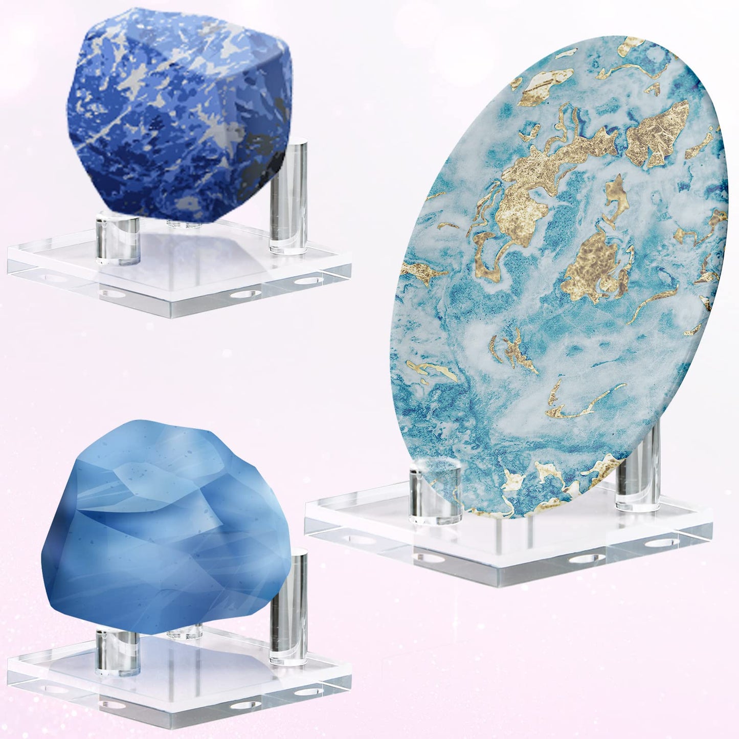 Weysat 8 Pcs Rock Display Stands Geode and Mineral Display Stands 3 Peg Acrylic Crystal Easel Holder for Agate Fossil Coral Small Collectibles(2 x 2 x 0.3 Inch)