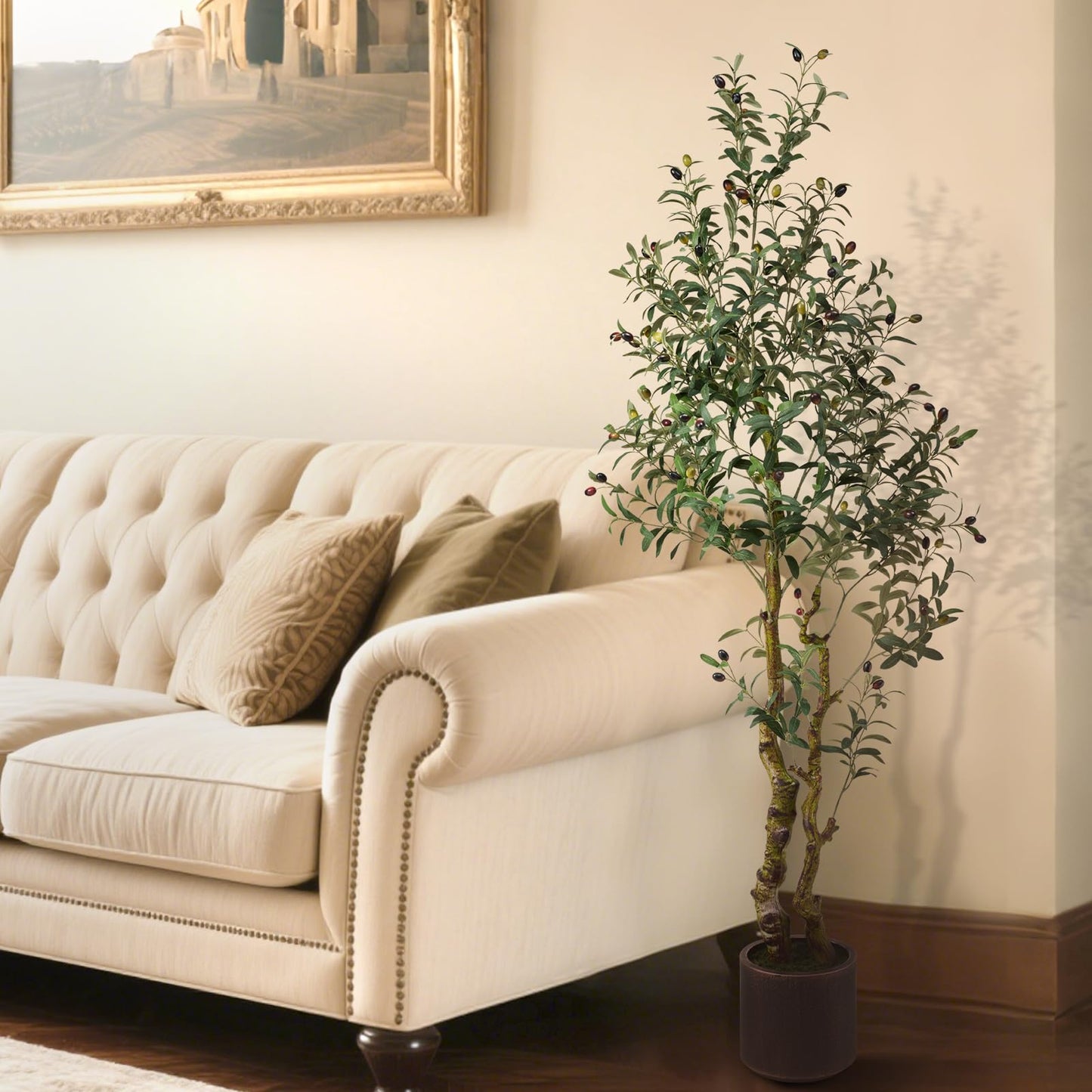 6FT Realistic Artificial Olive Tree with Fruits & Leaves-Premium Faux Tree for Modern Home, Living Room, Office Decor, Luxury Indoor Plants for Leather Sofa & Wood Furniture