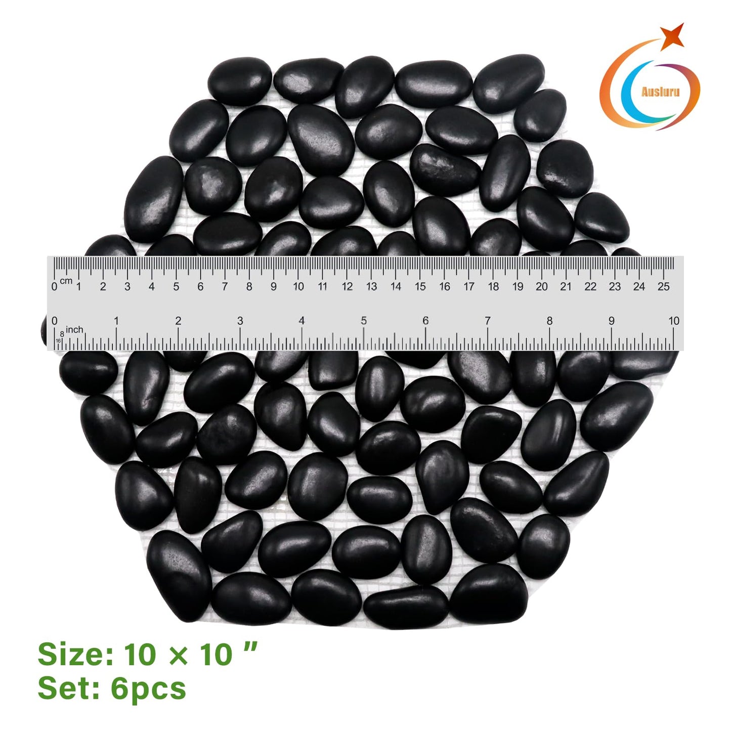 Ausluru 10in River Rock Stepping Stones Set - 6 Pack | Polished Pebble | Long-Lasting PVC Mesh Backing | Perfect for Garden Paths and Lawns Outdoor Landscaping Decoration | Black Rhombus