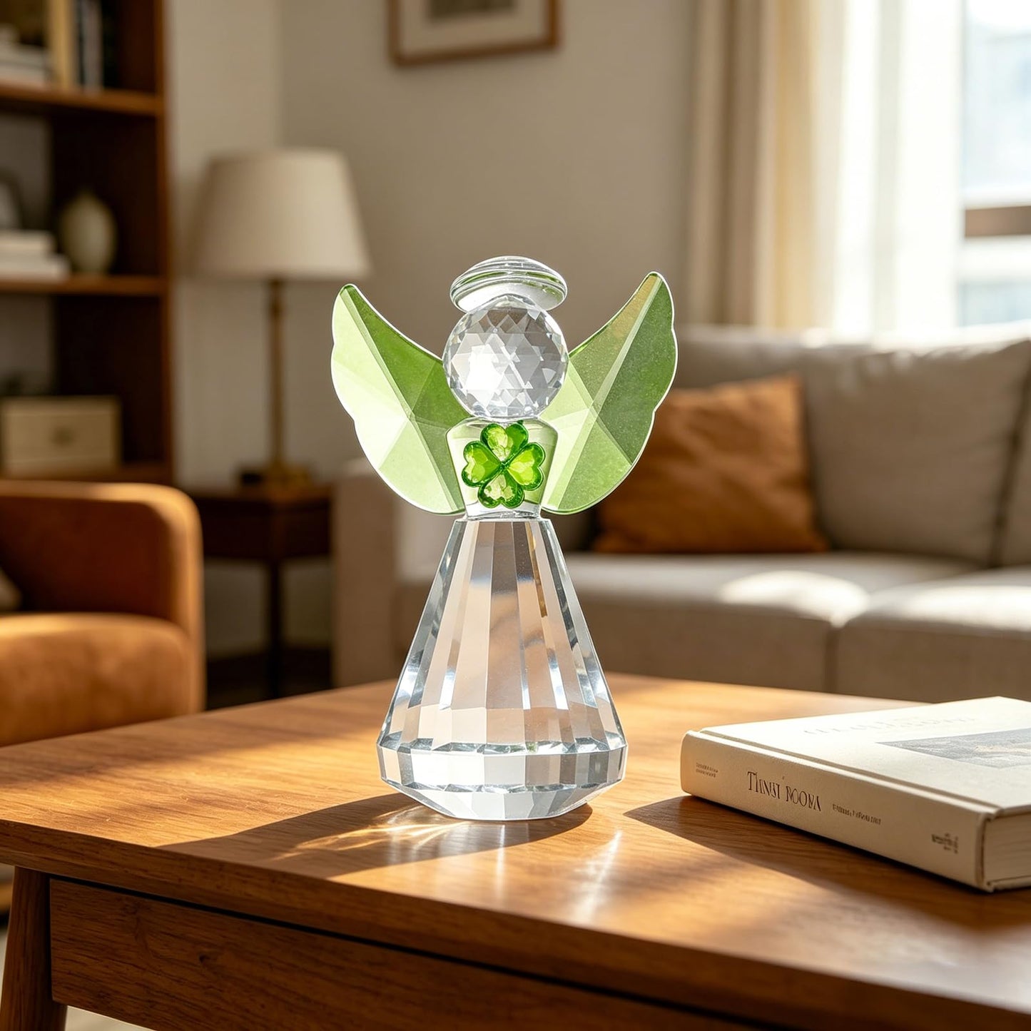 MysticGlitz 3.35in Crystal Guardian Angel Figurine with Green Four‑Leaf Clover, Handcrafted Ornament, Lucky Tabletop Decor Paperweight, Gift for Women Mother's Day Birthday Christmas(Green)