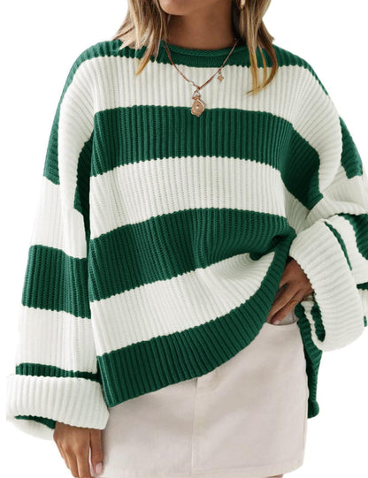 ZESICA Women's 2025 Fall Long Sleeve Oversized Striped Color Block Comfy Loose Crew Neck Knitted Pullover Sweater