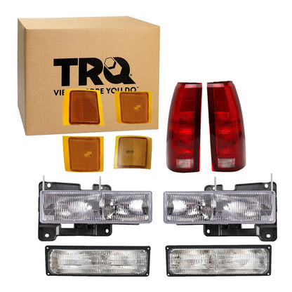 TRQ 10 Piece Driver and Passenger Side Headlight Parking Light Lower Side Marker Light Upper Reflectors Tail Assembly Set Compatible with 94-99 Chevy C1500 K1500 Suburban C1500 C2500 K1500 K2500