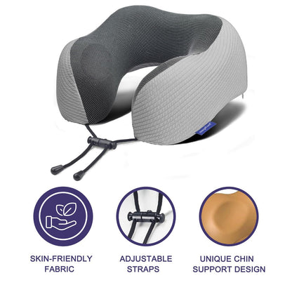 napfun Neck Pillow for Traveling, Upgraded Travel Neck Pillow for Airplane 100% Pure Memory Foam Travel Pillow for Flight Headrest Sleep, Portable Plane Accessories, Light Grey
