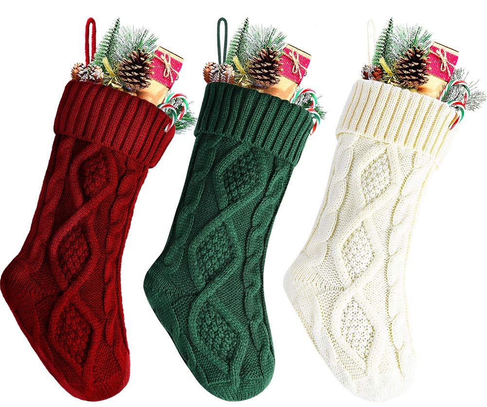 Kunyida 3PCS 14" Unique Burgundy and Ivory White and Green Knitted Christmas Stockings
