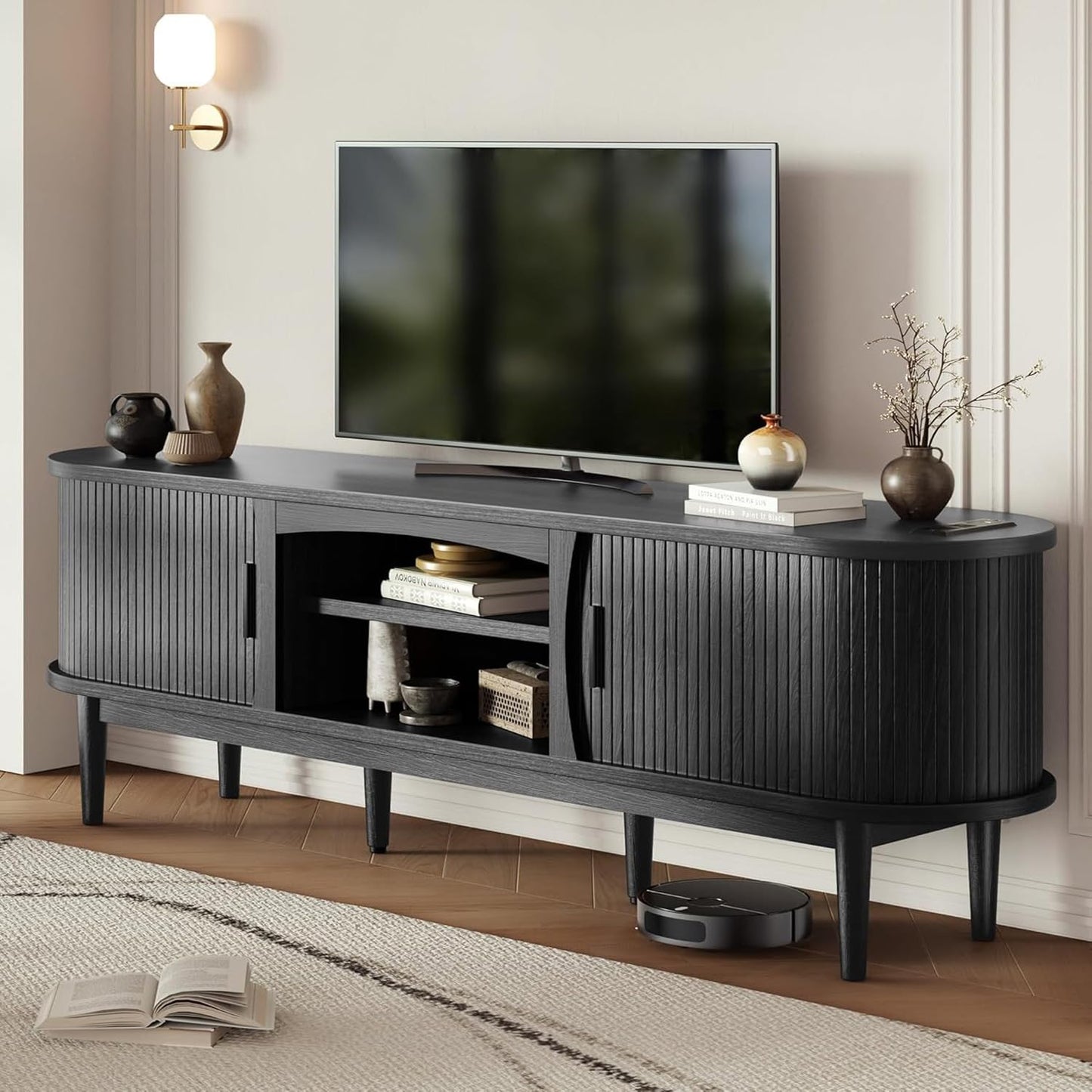 Decofy Mid Century TV Stand for TVs up to 80 Inches, Entertainment Center with Storage, Power Outlet, Fluted Sliding Doors & Adjustable Shelves, Modern Media TV Console Table for Living Room (Black)