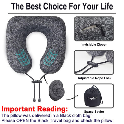 napfun Neck Pillow for Traveling, Upgraded Travel Neck Pillow for Airplane 100% Pure Memory Foam Travel Pillow for Flight Headrest Sleep, Portable Plane Accessories, Light Grey