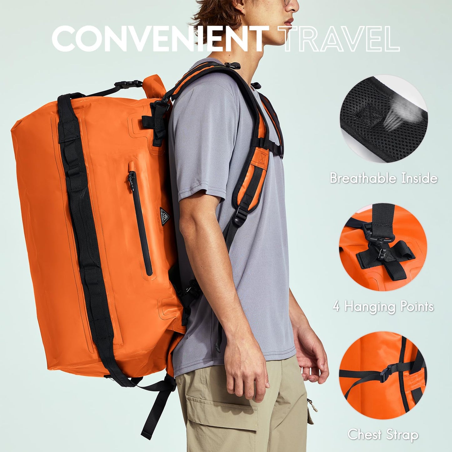 Haimont 60L Waterproof Duffel Bag Backpack Outdoor Heavy Duty Duffle Bag with Backpack Straps for Camping Travel Kayaking for Men Women, Orange