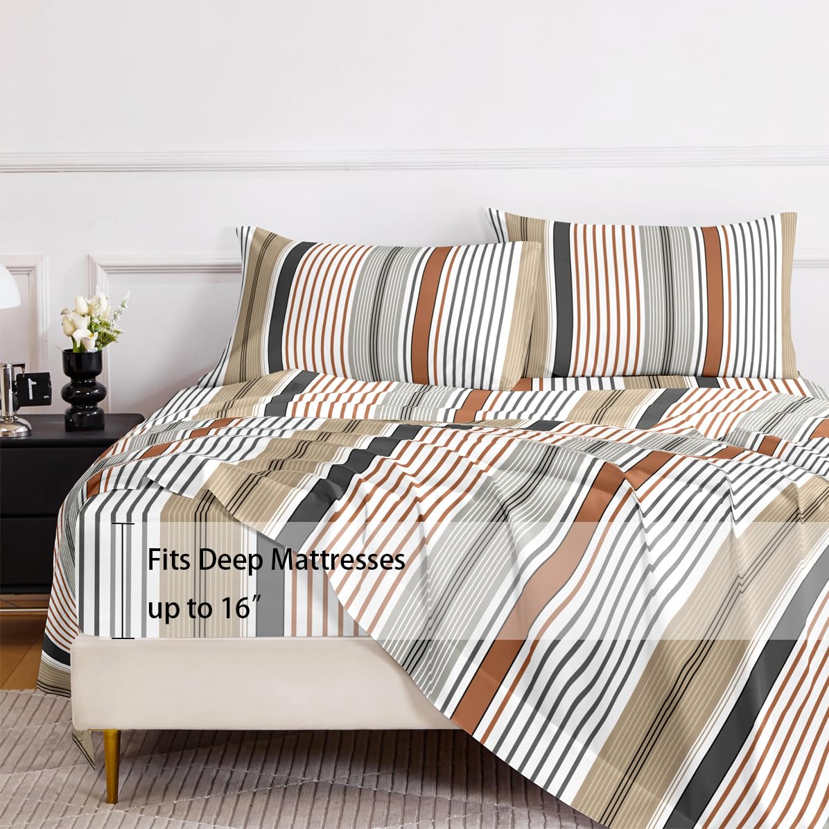 HCORA Striped Queen Sheet Set, Ultra Soft Double Brushed Microfiber Bed Sheets, Deep Pocket, Breathable, Wrinkle Resistant, Easy Care, 4PC, Queen Size