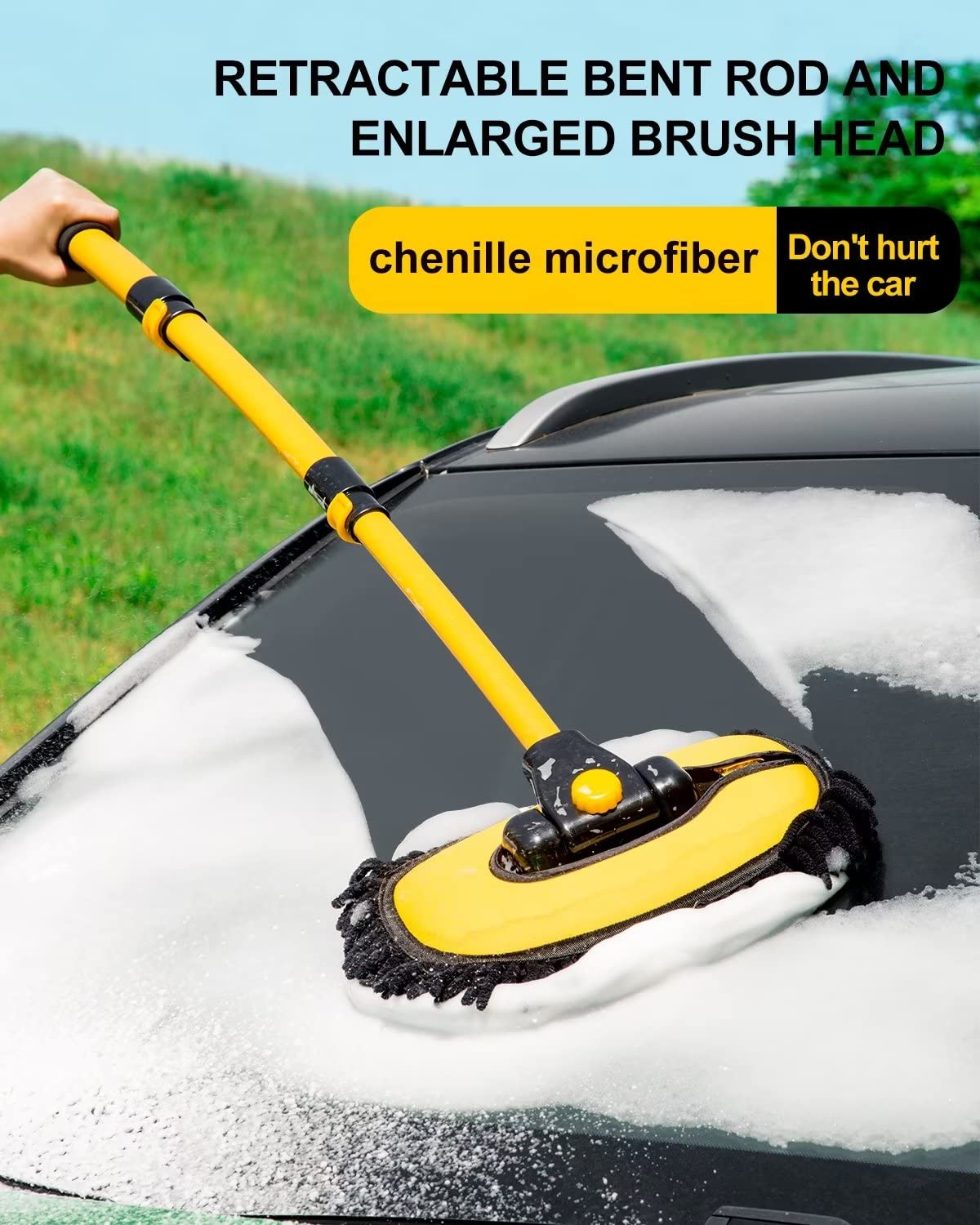 lesasas Car Wash Brush Kit with Extendable 50-102cm Handle, Soft Chenille Microfiber Mop & Mitt, 15° Bend Pole, Scratch-Free Auto Cleaning Tool for Car Van SUV Exterior