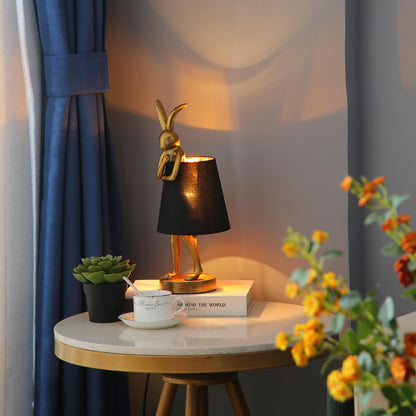 NorDiem LED Bunny Table Lamp, Resin Animal Rabbit Desk Light with Linen Shade, 15.7 Inch Decorative Lamp for Bedroom, Office & Kids Room (15.7" Black Shade)