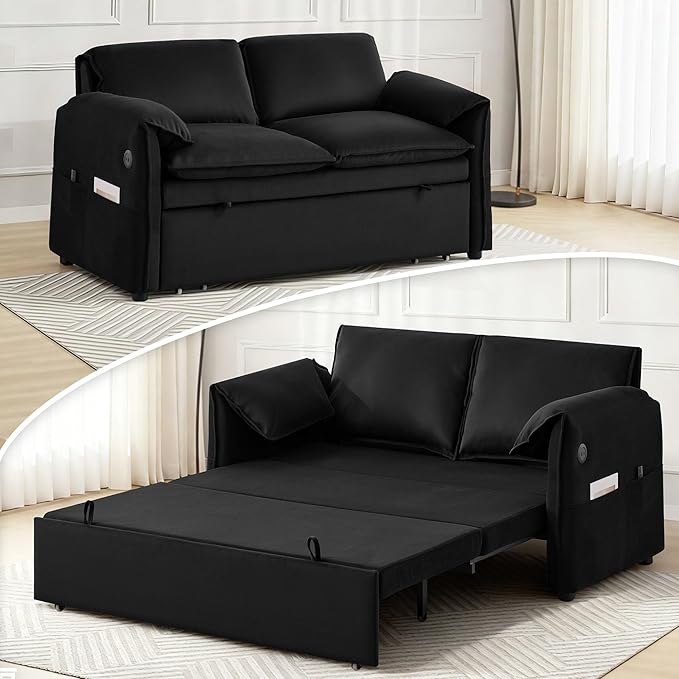 63" Velvet 3 in 1 Convertible Sleeper Sofa Bed, Pull Out Couch Bed Loveseat