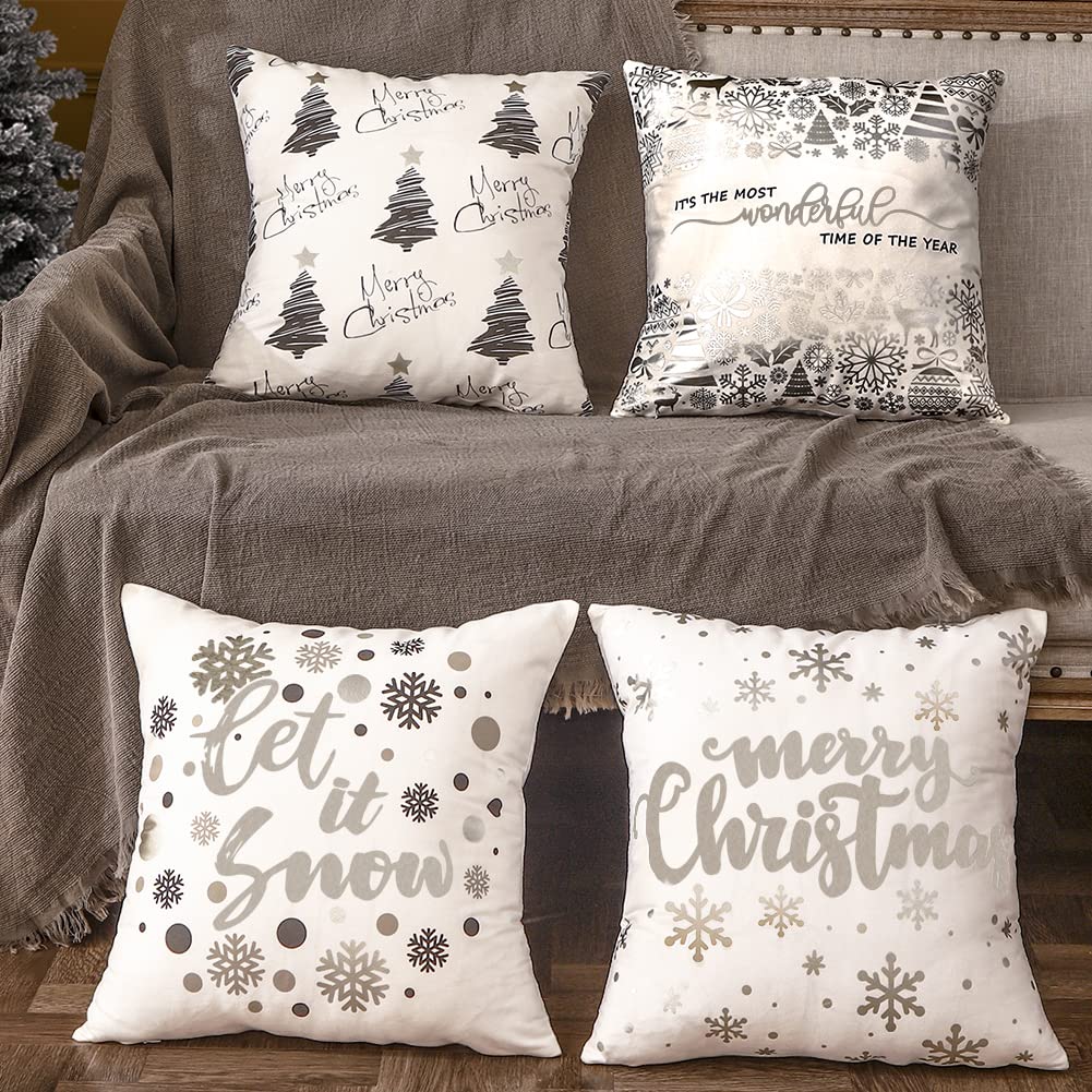 JOJOGOGO Christmas Decorations Silver and White Christmas Pillow Covers 18x18 Set of 4, Silver Xmas Decor Snowflake Christmas Tree Let It Snow Decorative Throw Pillows for Bedding Couch Sofa