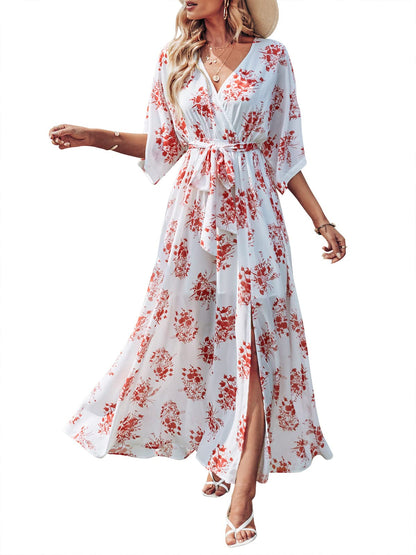 ANRABESS Womens 1/2 Sleeve Beach Wedding Guest Maxi Dresses 2025 Fall Wrap V Neck Boho Floral Flowy Slit Long Summer Dresses