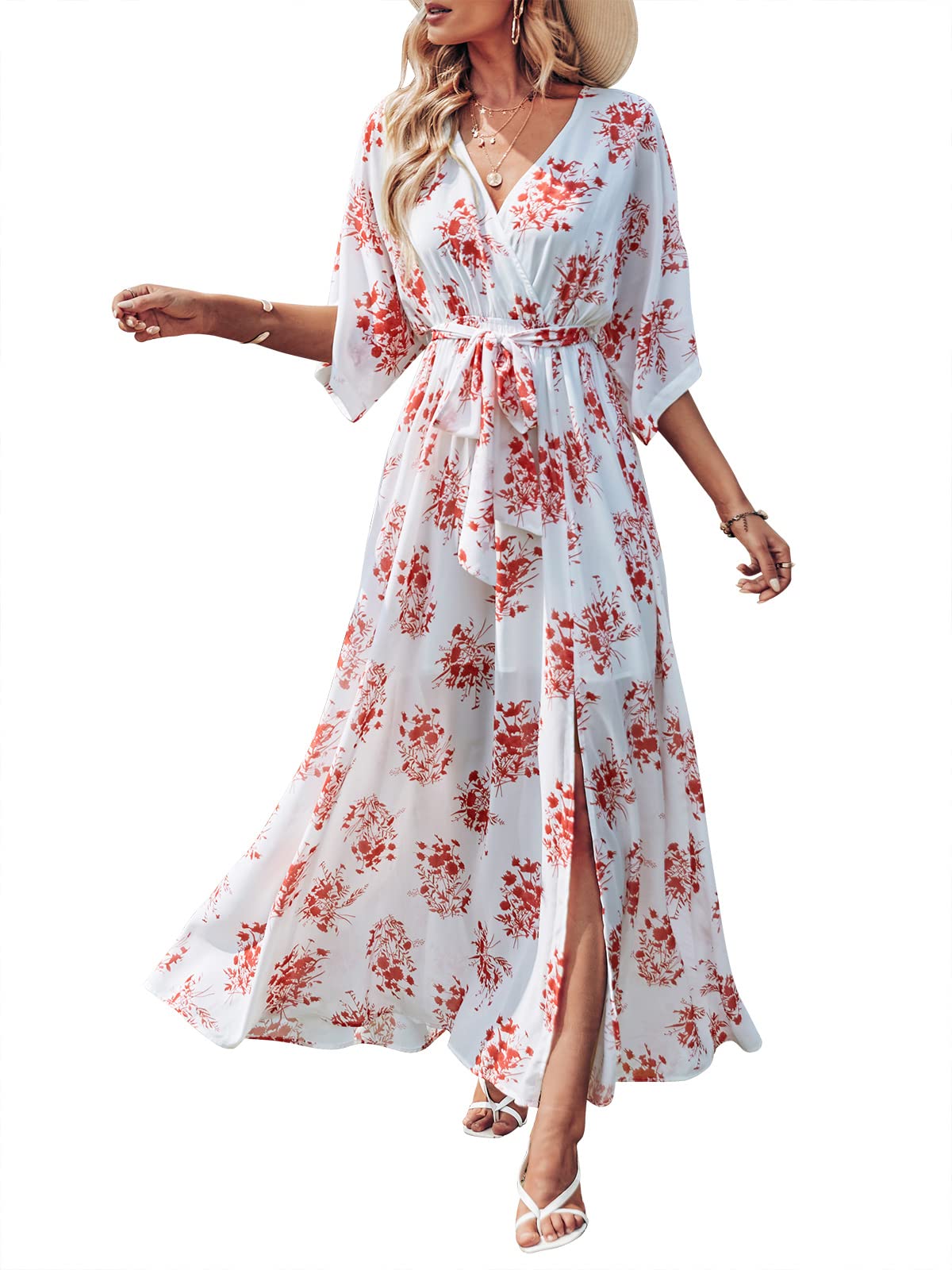 ANRABESS Womens 1/2 Sleeve Beach Wedding Guest Maxi Dresses 2025 Fall Wrap V Neck Boho Floral Flowy Slit Long Summer Dresses