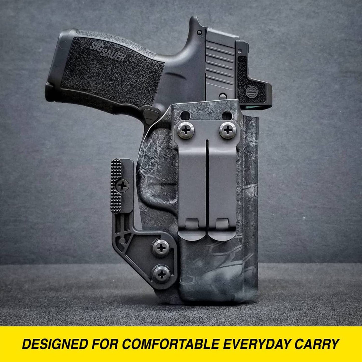 HolsterBuilder DCC Monoblock Clip, Metal Belt Clip for IWB/OWB Concealed Carry Holster, Secure Holster Attachment with Mounting Hardware, Dark Matte Grey, Made in USA