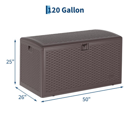 120 Gallon Waterproof Large Resin Deck Box Indoor Outdoor, Lockable Storage Container for Patio Furniture Cushions, Throw Pillows, Garden Tools, and Pool Floats, Brown