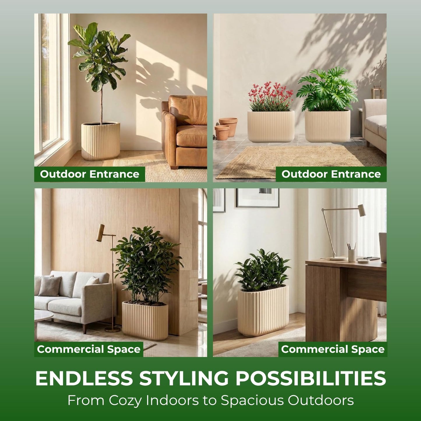 Wil & Vic 89s 15" H x 24" L Sirius Fiberglass Planter, Round Indoor and Outdoor Plant Pot with Drainage Hole, Lightweight, Durable Minimalist Home, Included Extra Coco Mats, Taupe