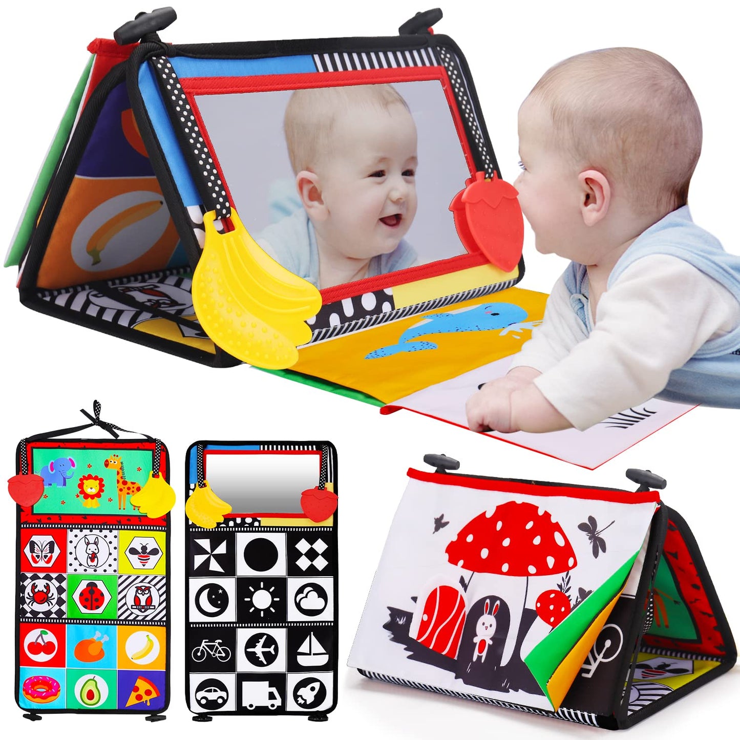 Tummy Time Baby Mirror Infant Toys Newborn 0 3 Months Brain Development with Crinkle Cloth Book Teether Black and White High Contrast Baby Toys 2 4 5 0-6 Month Boys Girls Sensory Activity Shower Gifts