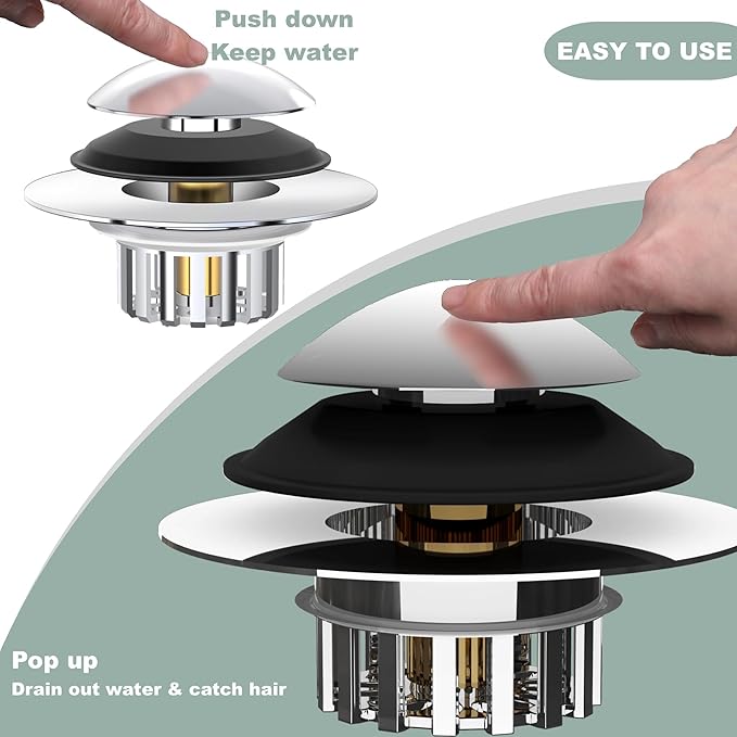 Kitchen Sink Drain Strainer 3 in 1, 304 Stainless Steel Pop Up Sink Stopper